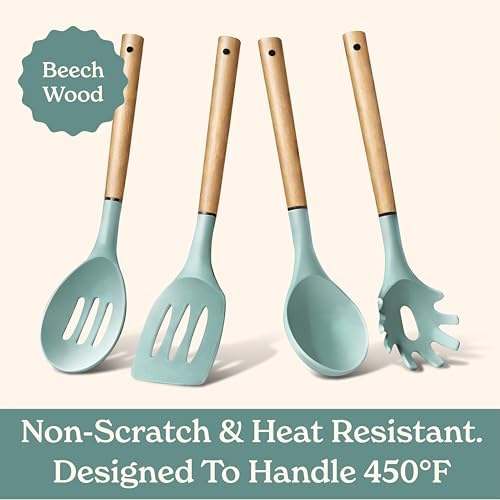 Country Kitchen Non Stick Silicone Utensil Set with Rounded Wood Handles for Cooking and Baking, 8 Piece Set, Mint - Image 5