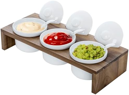 MyGift 10 Pcs Condiment Pot Serving Dish Set, Hosting Essentials, Premium Acacia Solid Wood Raised Display Server Tray and 3 Ceramic Ramekin Dip Bowls with Lids and Spoons by MyGiftHome