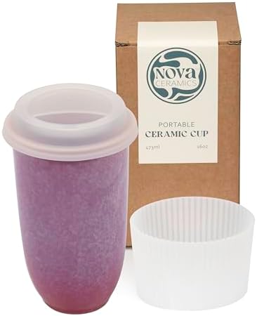 NOVA CERAMICS Coffee Travel Mug – Cup Holder Friendly Travel Mug– Microwave & Dishwasher Safe White & Purple Tumbler - Coffee Mug Fits In Cup Holder – 16oz – Astral Bloom by NovaCeramics
