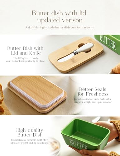 Ceramic Butter Dish with Lid and Knife & Silicone Seal for Countertop Green - Image 4