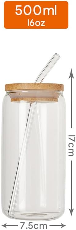 Castuvy Drinking Glasses with Bamboo Lids and Glass Straw, 16 Oz Glass Cups for Coffe, Beer, Cute Tumbler Cup for Soda Boba Tea Cocktail, coming 2 Cleaning Brushes, Pack of 6