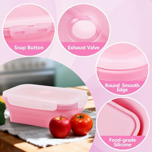 3 Pack Collapsible Silicone Food Storage Containers with Lids, Pink - Image 4