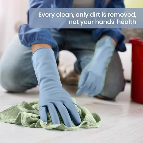 Rubber Cleaning Gloves for Dishwashing, 4 Pairs Reusable Kitchen Gloves for Washing Dishes and Household Cleaning, Blue Dish Gloves with Flocked Lining and Non-Slip Grip, Pefect for Woman Men - L - Image 5