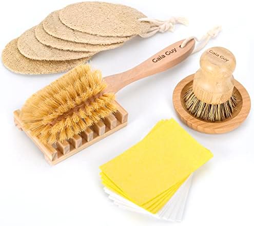 Gaia Guy Plastic-Free Dish Brush Set | 19-Piece Zero Waste Kitchen Cleaning Kit with Bamboo & Beech Wood Brushes, Cellulose Sponges, Natural Loofahs & Soap Holders | Eco Friendly Dishwashing Set by GaiaGuy