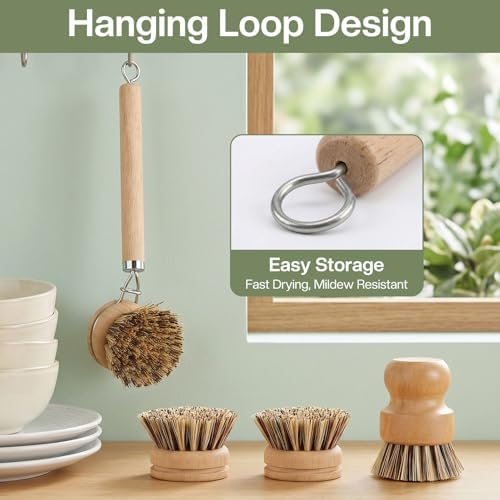 5 Pcs Bamboo Wood Dish Brush Set Includes 1 Wooden Handle with 3 Natural Replaceable Bristle Heads and 1 Handheld Bamboo Wok Brush Scrubber for Dishes Pans Pots Fruit and Veggie Washing(Style C) - Image 6