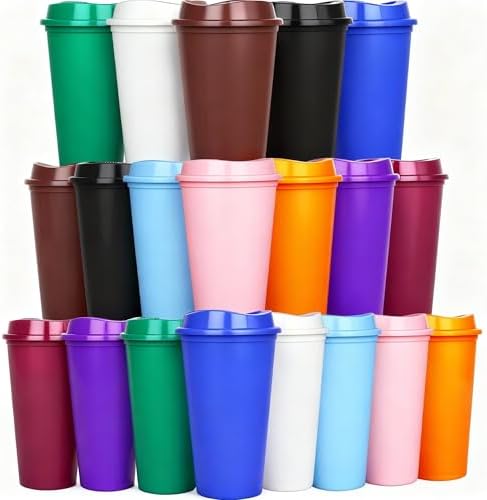 20 Pack Reusable Coffee Cups with Lids 16 oz Plastic Tumblers Travel Mug Iced Coffee Cup for Adults and Women Hot and Cold Drinks, Microwaveable (Rainbow) by Alohastarttg