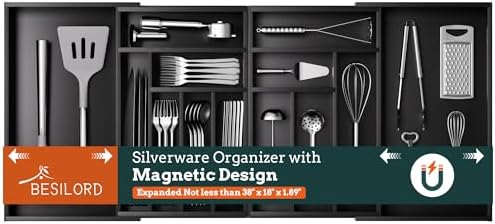 Silverware Organizer Large, Magnetic Connected Expandable 13 Slots Silverware Drawer Organizer From 21 to 37.4 Inches, Adjustable Flatware and Cutlery Holder, Bamboo Utensil Tray for Kitchen Black by Besilord