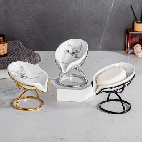 Dobbyby Leaf-Shaped Soap Dish – Ceramic Soap Bar Holder with Self-Drainage System – Bar Soap Holder for Shower, Bathroom Sink, Kitchen – Soap Dish with Stainless Steel Stand (White-Gold-2 Pack) - Image 5
