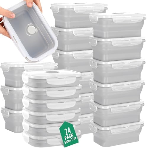Hushee 24 Pcs Silicone Collapsible Food Storage Containers 17 oz Collapsible Snack Containers with Lid Vent Airtight Meal Prep Bento Lunch Box, Microwave Dishwasher Safe(Gray) by Hushee