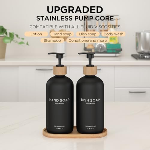 Hand and Dish Soap Dispenser Set,16oz Glass Bottles with Bamboo Pumps & Tray,Countertop Soap Dispensers for Kitchen,Luxury, Minimalist & Farmhouse Decor - Image 4