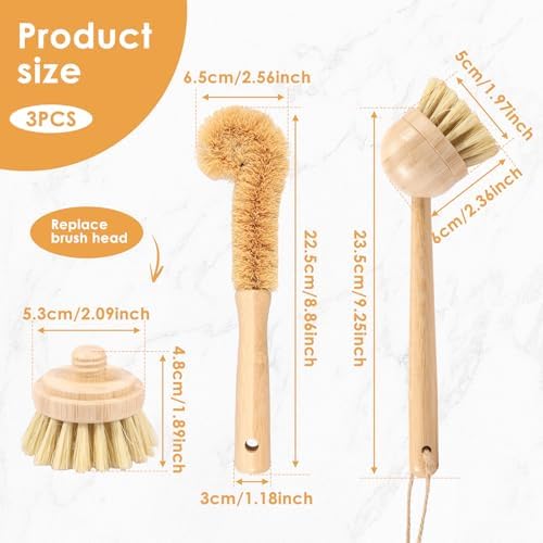 Bamboo Dish Brush Set of 3, Dish Brush Natural Bamboo Dish Scrub Brush Set with Handle, Wooden Dish Scrubber Kitchen Brush Set with Natural Bristles for Kitchen Cleaning Dish, Bottle, Pots, Pans - Image 6