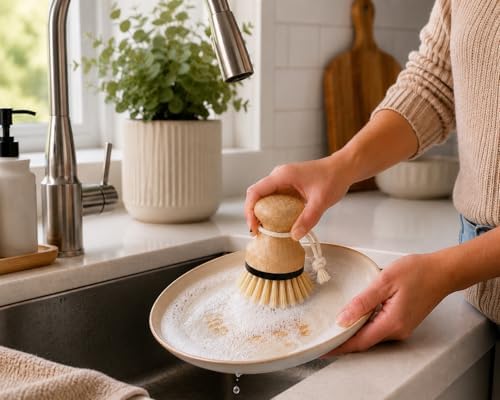 Kitchen Simple Bamboo Palm Brush Set, 2 Pack Dish Scrub Brushes for Pots, Pans, Dishes & Sink Cleaning, Durable Bristles, Bamboo Handle, Black Accent & Cotton Hanging Loop - Image 2