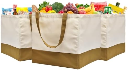 3 Pack Canvas Reusable Grocery Bags Heavy Duty, 8.3 gal Foldable Large Tote Bag with Handles, Holds 60 lbs Canvas Shopping Bags & Washable Eco-friendly Bags with 5 Pockets, camel+Off white by CNaiyunpin