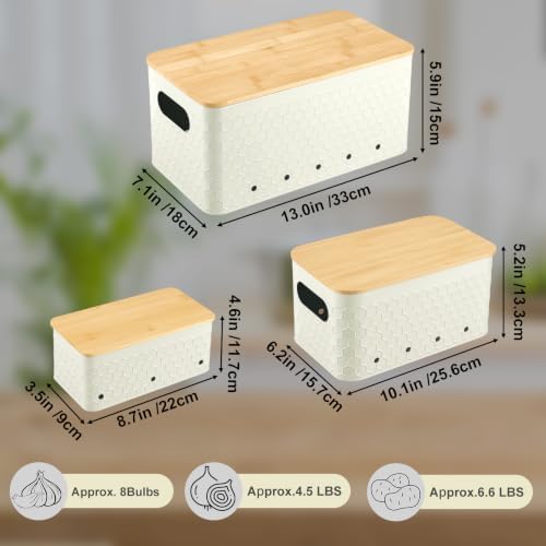 Kitchen Vegetable Storage Set of 3, Metal Onion Garlic Potato Storage Set, Kitchen Canisters Vegetable Keeper Containers with Aerating Holes and Bamboo Lid,Embossed Beige - Image 4