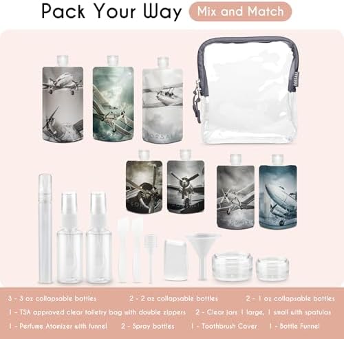 BORSALI Travel Pouches for Toiletries, Portable Flat Pack Squeeze Containers for Shampoo & 3-1-1 Liquids, Empty Travel Size Essentials for Women - 18 Piece Set with TSA Approved Bag - Image 3