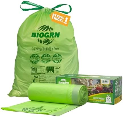10-13 Gallon Compostable Trash Bags Drawstring 30 Bags Heavy Duty Extra Thick 1 Mil 49.21 Liter Biodegradable Trash Bags Compost Bags Green for Kitchen ASTM D6400 US BPI and OK Compost Home Certified by BIOGRN