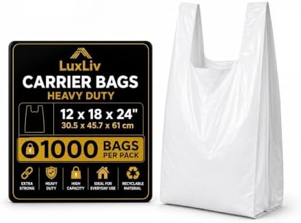Reusable Heavy Duty White Plastic Shopping Bags with Handles, T-Shirt Grocery Carrier Bags, 12 x 18 x 24 Inch, HDPE Retail, Convenience Store & Takeout Bags, 1000 Pack by LuxLiv