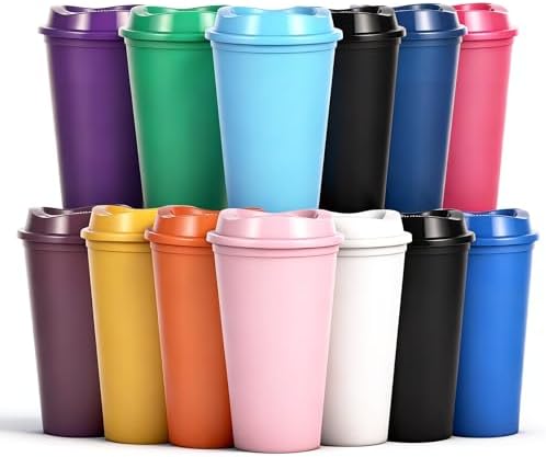 16oz Reusable Plastic Coffee Cups with Lids, 13 Pack, Colorful by Ankeli%26Lt
