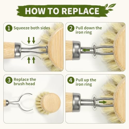 Bamboo Dish Brush with Handle, Natural Dish Brush Set Includes 2 Replacement Brush Heads, Kitchen Scrub Brush with Sisal and Palm Bristle for Cleaning Dishes, Pans and Vegetables - Image 7