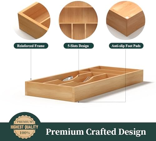 Silverware Organizer, Bamboo Kitchen Drawer Organizer, Utensil Holder, Cutlery Tray & Spoon Flatware Storage with Grooved Drawer Dividers (6.7''W x 15.5''D) - Image 6