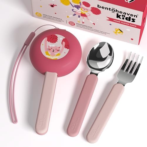Bentoheaven Kids Utensils Set with Case, Reusable Fork & Spoon, Cats by Bentoheaven