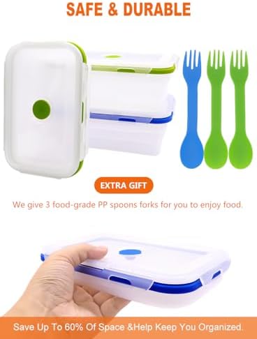 Collapsible Translucent Silicone Food Storage Containers With Lids, 3 Pack Foldable Bento Lunch Box, Reusable Medium Meal Boxes for Kitchen, Camping, BPA Free (40.6 OZ+40.6 OZ+27 OZ) - Image 3