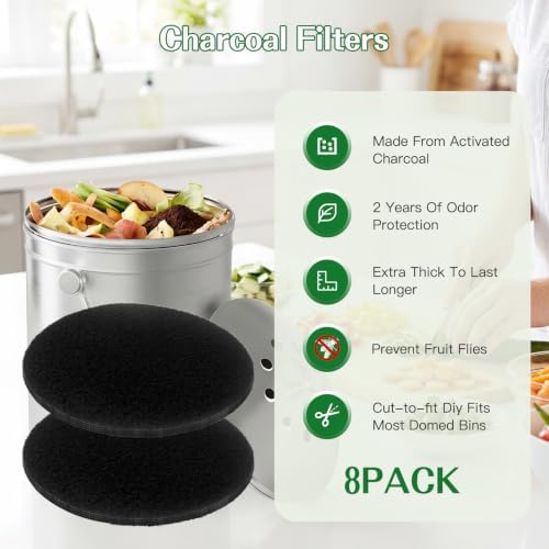 Compost Bin Charcoal Filters 10 Pack, 7.25 Inch Round, Extra Thick 0.3 Inch for Longer Lasting Odor Absorption, Countertop Pail Refills - Image 3