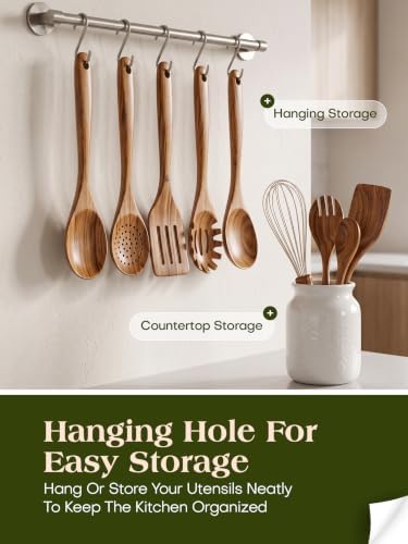 AIUHI 10 Pcs Wooden Spoons for Cooking, Teak Wooden Utensil Set for Nonstick Cookware, Wooden Kitchen Utensils Set with Whisk and Spaghetti Server - Image 5