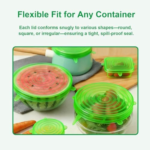 Silicone Stretch Lids – 6 Pack Reusable Food Covers,Flexible Silicone for Bowls, Containers, Fruits – Airtight & Leakproof Seal for Kitchen Storage(green) - Image 4