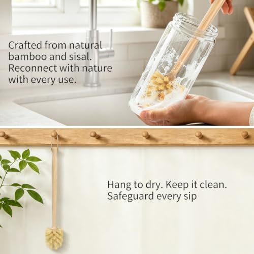 GREENTH PRO Nature Bamboo Bottle Brush with Sisal Bristle - Long Handle Hanging Design Cleaning Brush for Water Bottles Baby Bottles Sports Bottles Glasses Water Glasses Wine Glasses - Image 6