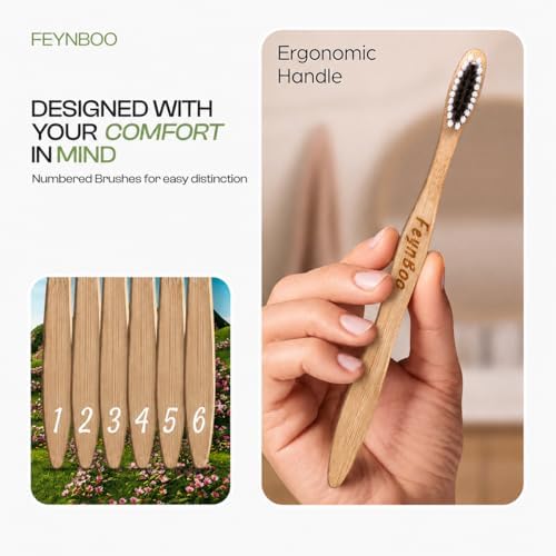 Bamboo Toothbrushes Soft Bristles 6 Pack - BPA Free Bristles Toothbrushes Teens and Adults - Eco-Friendly, Natural Wooden Toothbrush (Light Brown, Black, White). - Image 3