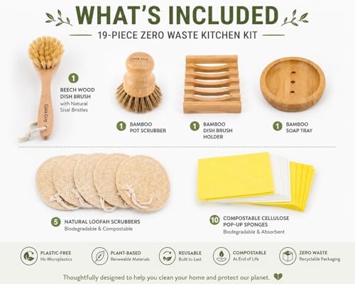 Gaia Guy Plastic-Free Dish Brush Set | 19-Piece Zero Waste Kitchen Cleaning Kit with Bamboo & Beech Wood Brushes, Cellulose Sponges, Natural Loofahs & Soap Holders | Eco Friendly Dishwashing Set - Image 2