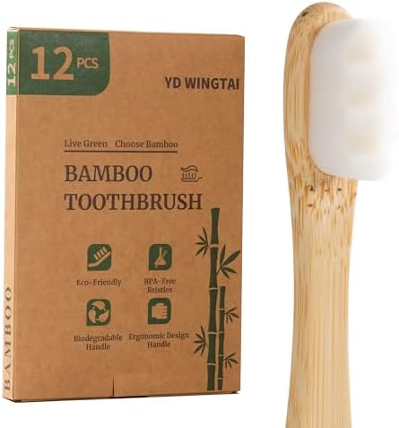 Bamboo Toothbrush 12 Pack Natural Wooden for Adults by YDWINGTAI