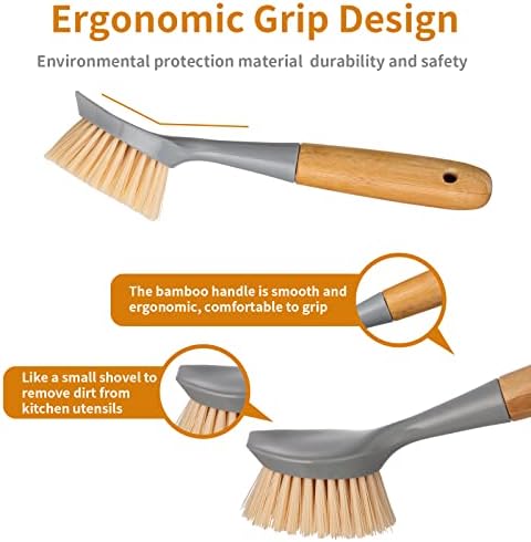 2 Pack Kitchen Dish Brush Bamboo Handle Dish Scrubber Built-in Scraper - Image 4