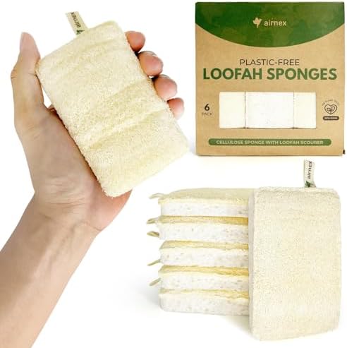 AIRNEX Natural Loofah Sponges for Dishes - Pack of 6 Plastic Free Loofah Kitchen Sponges with Cellulose Core & Cotton Loop - Non Toxic Natural Sponges for Dishes & Kitchen Cleaning by Airnex