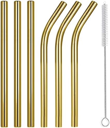 Vinaco 6 Pack Gold 0.4" Wide Bore Reusable Stainless Steel Smoothie Straws by LightingMadeSimple
