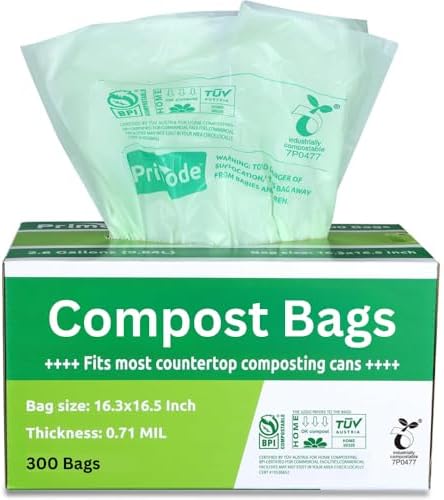 Compost Bags, Compostable Trash Bags 3 Gallon Compostable Bags 300 Count Small Compost Bags for Countertop bin Extra Thick 0.71 Mil. ASTM D6400 Certified By BPI and TÜV AUSTRIA (3 Gallon, 300 Units) by Primode