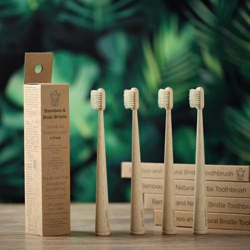 Gaia Guy Bamboo & Boar Bristle Toothbrushes – 4 Pack | Natural Boar Bristles | Plastic-Free, Standing Handle | Minimalist, Low-Waste Oral Care - Image 4