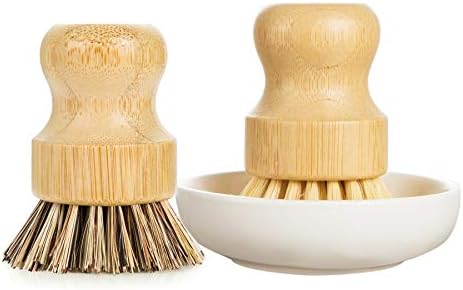 GREENTH PRO Palm Pot Dish Brush- Nature Bamboo 2 Packs Mini Durable Scrub for Kitchen Cleaning with Ceramics Holder by GREENTHPRO