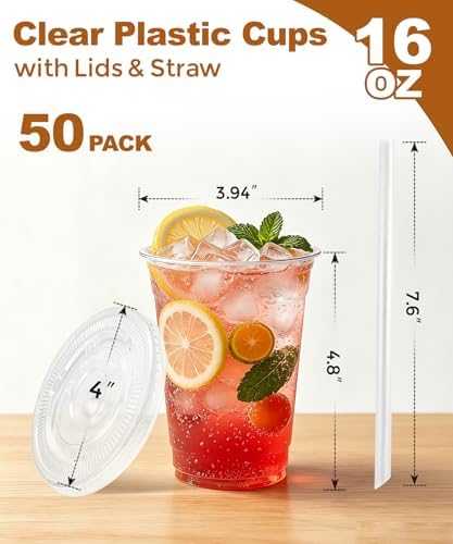 Ginkgo 50 Pack 16 oz Clear Plastic Cups with Lids and Straws - Image 4
