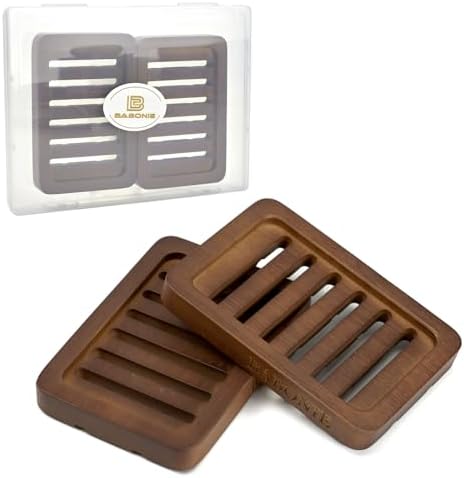2 Pack FSC Bamboo Soap Dish, Slotted Self-Draining Bar Soap Holder by BABONIE