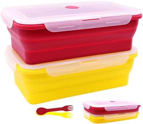 Extra Large Collapsible Silicone Food Storage Containers With Lids, 82.8oz, 2 Pack, XXL Foldable Bento Lunch Box, Rv Collapsible Bowls, Big Meal Boxes for Kitchen, Camping (Red and Yellow) by FUSMYE