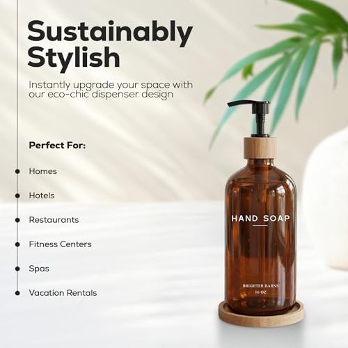 Amber Glass Hand Soap Dispenser Bathroom Set by Brighter Barns - Hand Soap Dispenser for Kitchen Sink & Bathroom - Bamboo Glass Bottle with Tray - Modern Home Decor for Spa, RV, Fitness Center (Amber) - Image 2