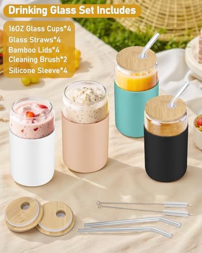Glass Cups with Lids - 16 oz Glass Drinking Cups Set with Silicone Sleeves - Image 2