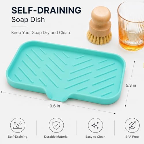 MicoYang Silicone Soap Dish with Drain Spout — Self-Draining Sink Organizer Tray for Bathroom & Kitchen, Sponges, Dispensers & Soap Holder, Non-Slip & Dishwasher Safe, Mint (Medium, 9.6"×5.3") - Image 2