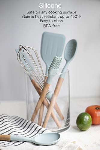 Country Kitchen Non Stick Silicone Utensil Set with Rounded Wood Handles for Cooking and Baking, 6 Piece Set, Mint - Image 3