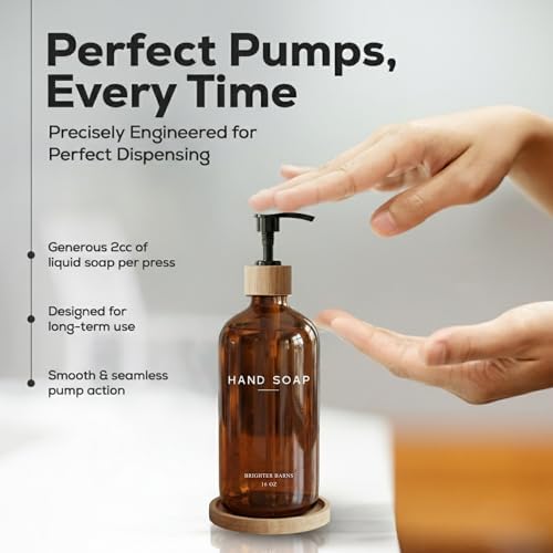 Amber Glass Hand Soap Dispenser Bathroom Set by Brighter Barns - Hand Soap Dispenser for Kitchen Sink & Bathroom - Bamboo Glass Bottle with Tray - Modern Home Decor for Spa, RV, Fitness Center (Amber) - Image 4
