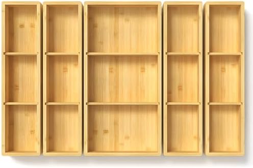 DUJEN 5 pieces Bamboo Drawer Organizer, Adjustable 3 Individual Junk Drawer organizer for Bathroom and Kitchen, Wood Drawer Organier Boxes for Jewellery, Make up and Tea Bag by DUJEN