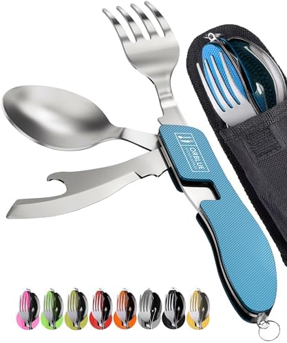 Orblue 4-in-1 Camping Eating Utensils, 2-Pack - Portable Spoon, Fork, Knife & Bottle Opener Combo Set - Stainless Steel Flatware with Detachable Fork - Travel, Backpacking Cutlery Multitool, Blue by Orblue