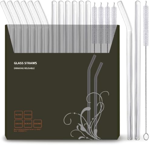 16 Pack Reusable Glass Straws, 6 Straight and 6 Bent with 4 Cleaning Brush by Auckpure